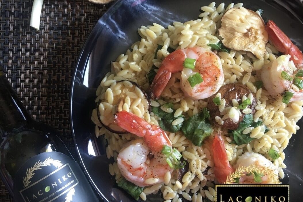 Grilled Shrimp and orzo with Garlic EVOO